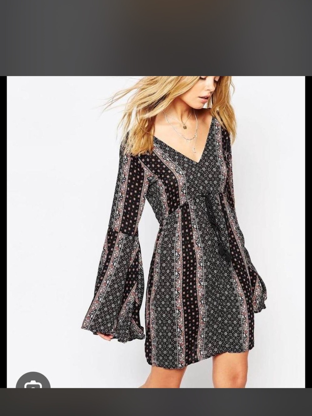 Abercrombie & Fitch Black Floral V‑Neck Long Sleeve Mini Dress XS
